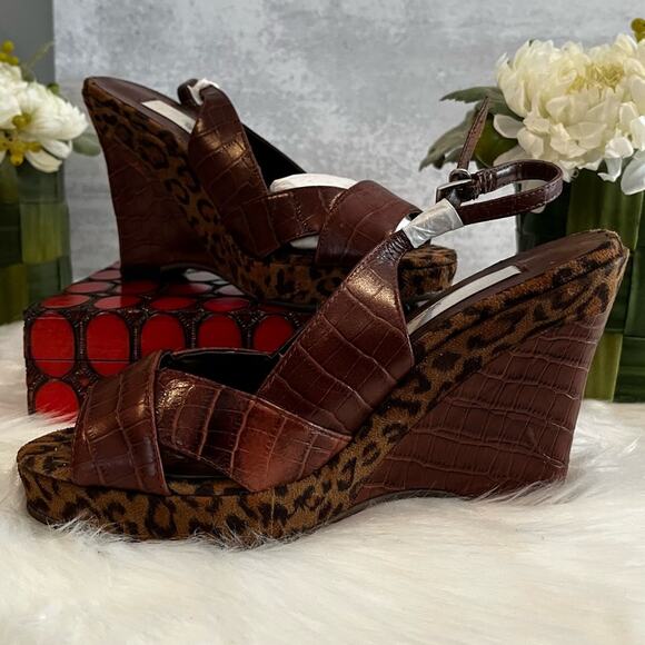 NEW RARE Spiegel Leather Platform Slingback Wedges Chocolate Leopard Sz 5.5 NWP - Picture 4 of 16